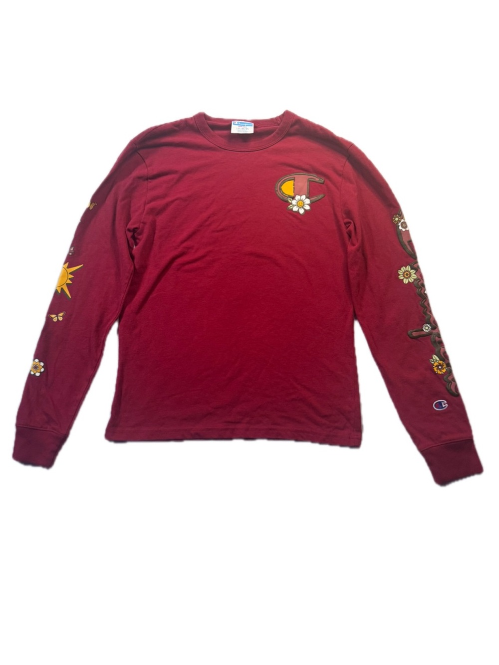 Champion Unisex Long Sleeve Floral Graphic Tee - Burgundy with Yellow Accents